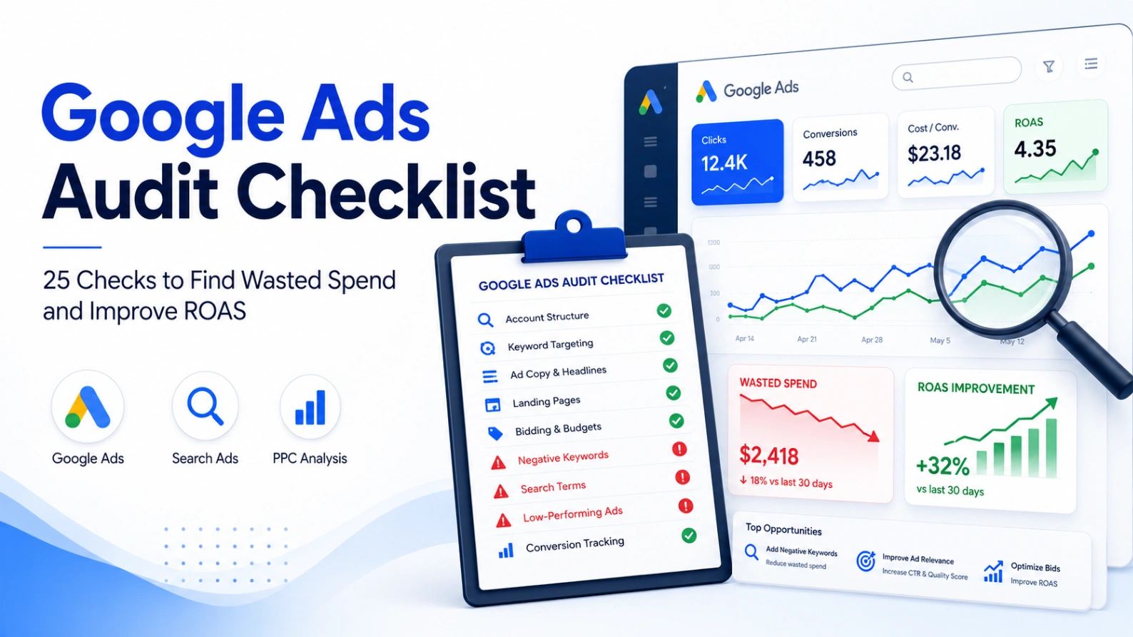 Google Ads audit checklist showing wasted spend, conversion tracking, bidding and campaign structure checks