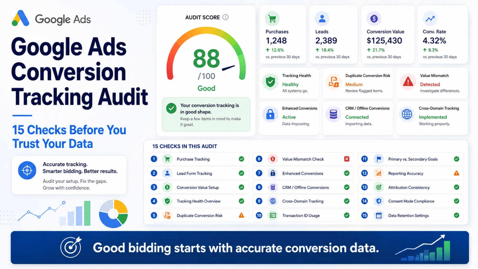 Google Ads conversion tracking audit dashboard checking purchases, duplicate conversions, values, transaction IDs and enhanced conversions