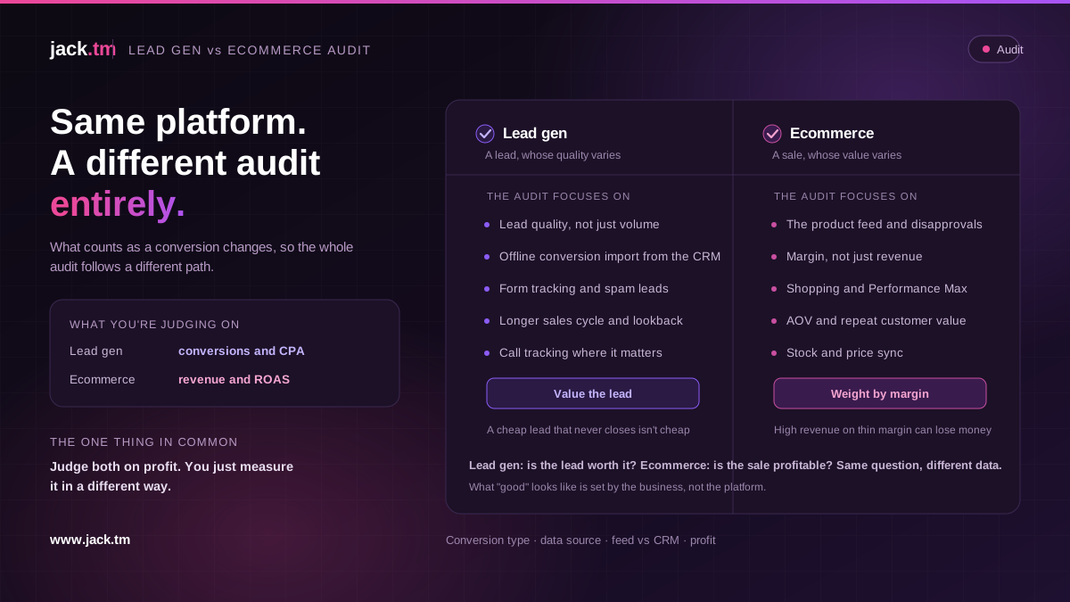Google Ads audit comparison showing what changes between lead gen and ecommerce accounts